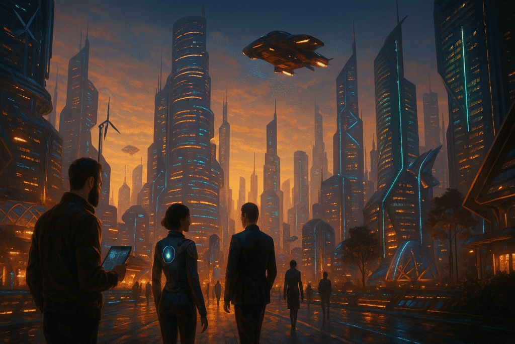 Futuristic skyline at sunset with advanced technology, flying cars, and people exploring innovation in 2025