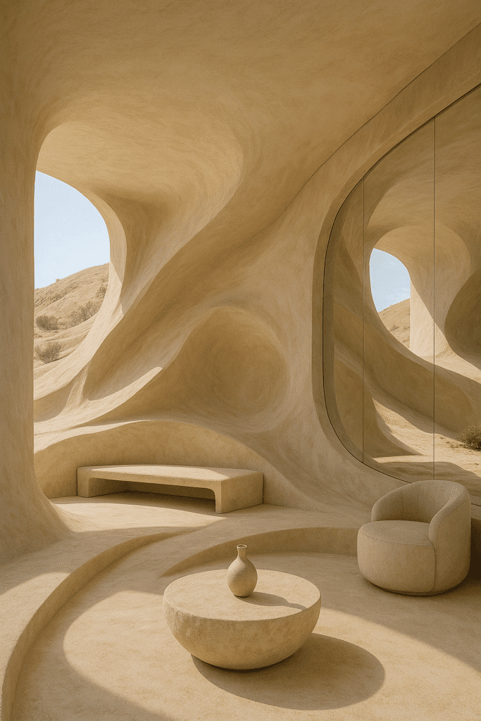interior space using organic curved architecture with mirror elements