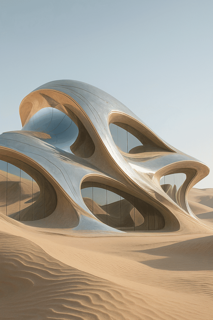 interior space using organic curved architecture with mirror elements