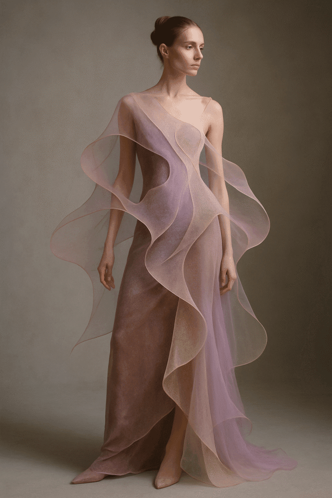 avant-garde fashion silhouette with soft asymmetry and chiffon layers
