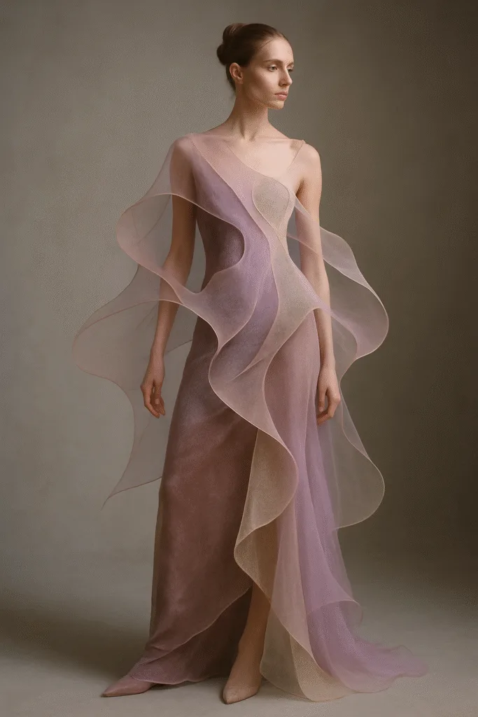 avant-garde fashion silhouette with soft asymmetry and chiffon layers