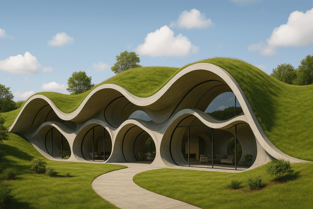 Earth-integrated house with wave-like grass roof and open concrete arches