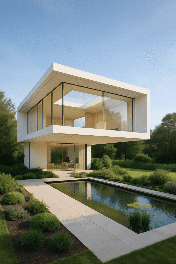 Floating Courtyard House featuring a modern two-story cantilevered design with an open-air courtyard and minimalist glass architecture