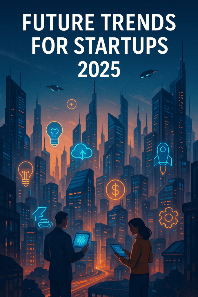 Futuristic cityscape representing top future trends for startups in 2025 with neon icons and modern technology