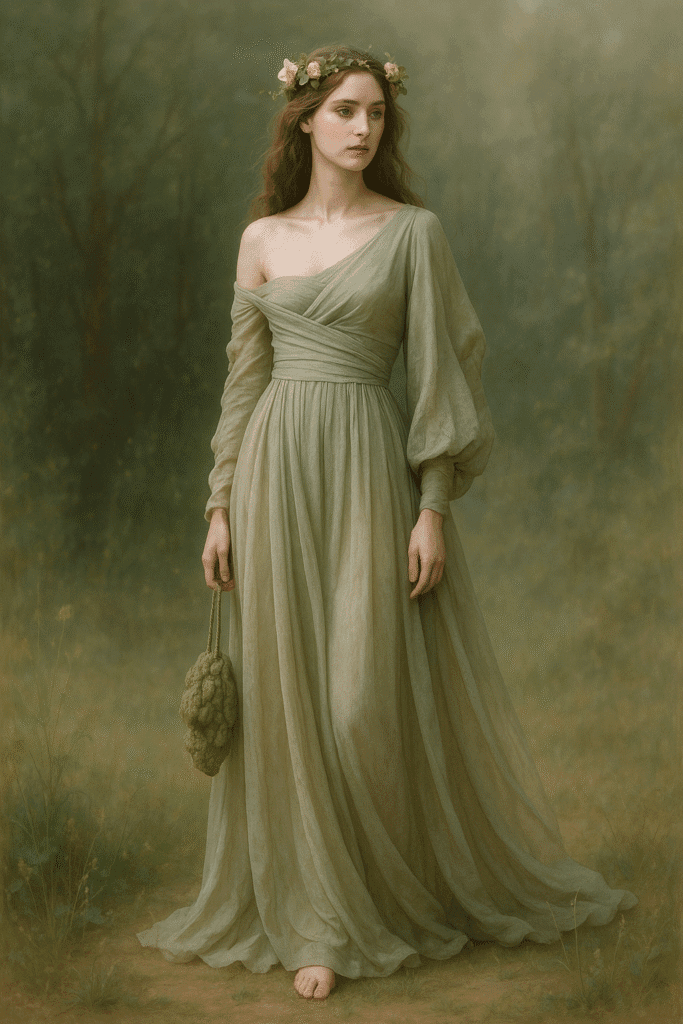 Nature inspired fashion dress blending with a sunlit forest backdrop.