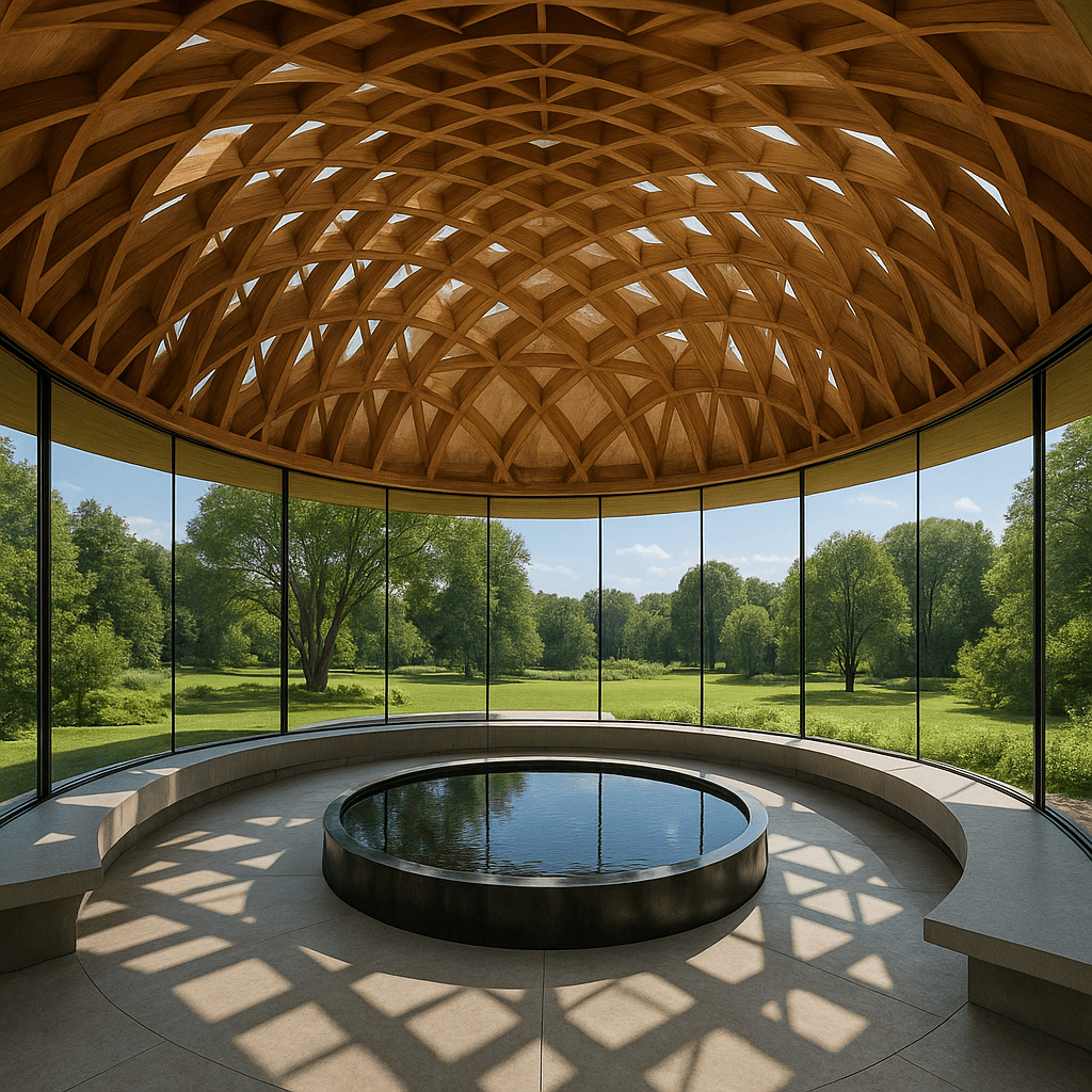 Timber dome retreat with reflecting pool and forest surroundings
