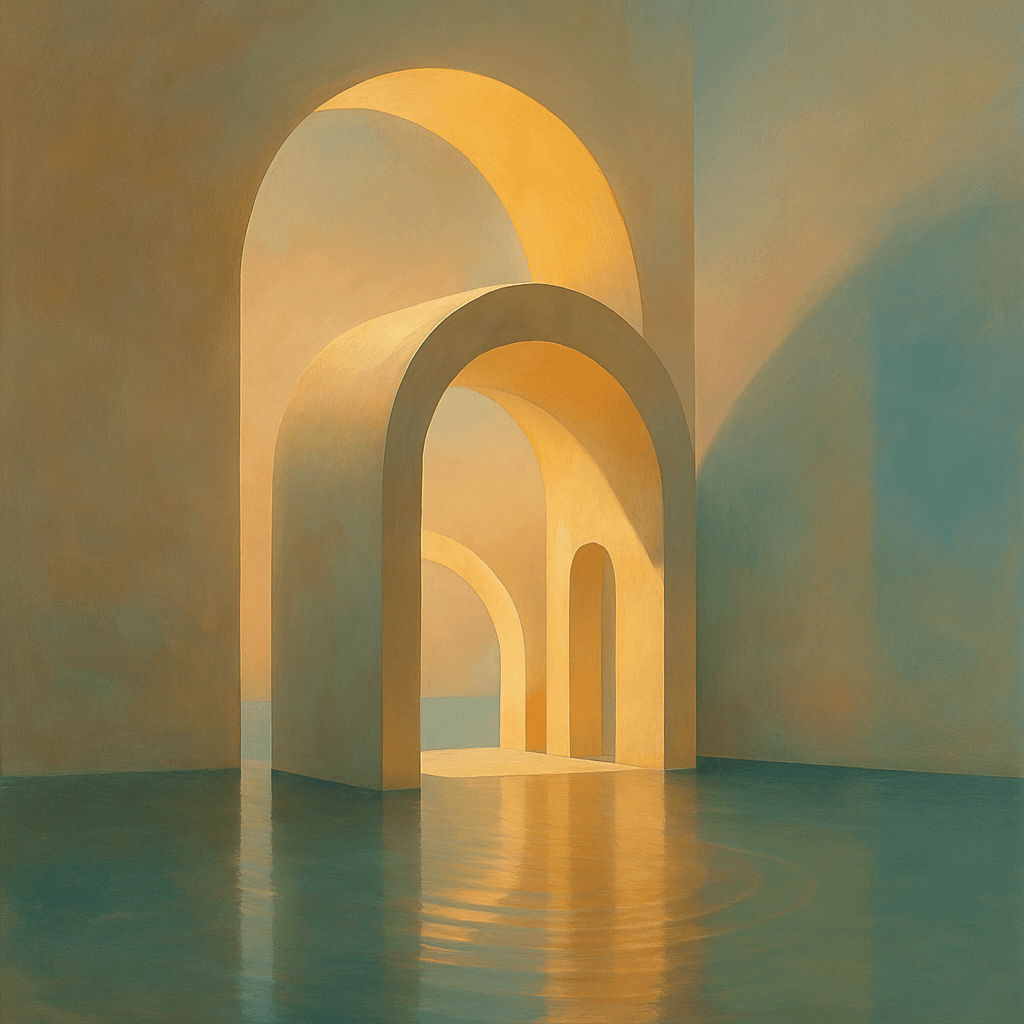 A surreal architectural painting of glowing arches over water, bathed in soft golden and blue light
