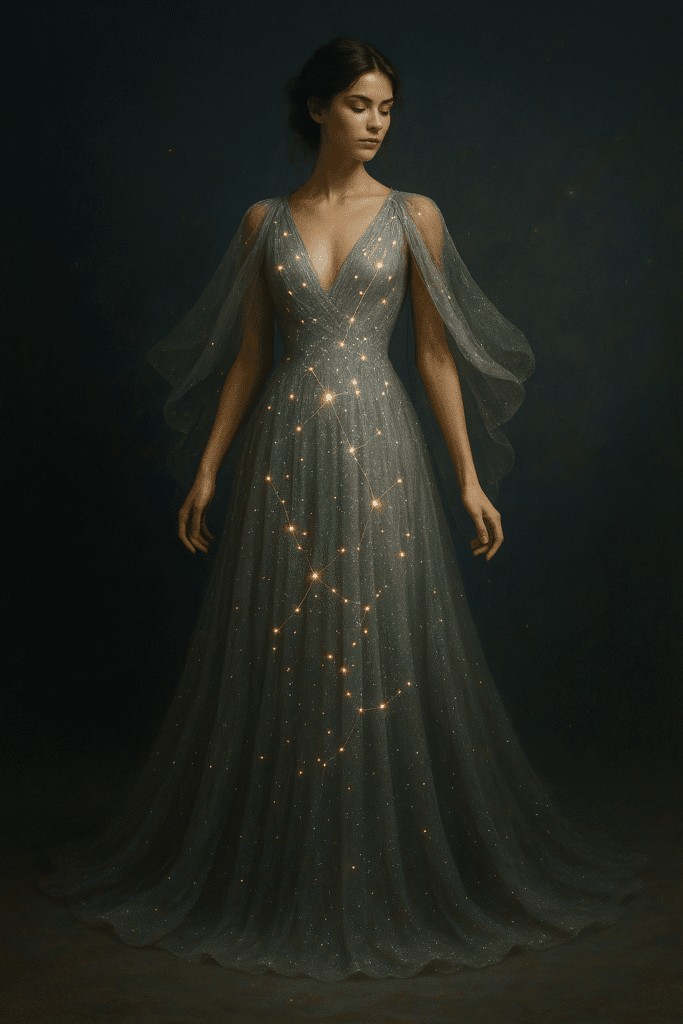 A full-body photo of a woman wearing a glowing wearable constellation dress