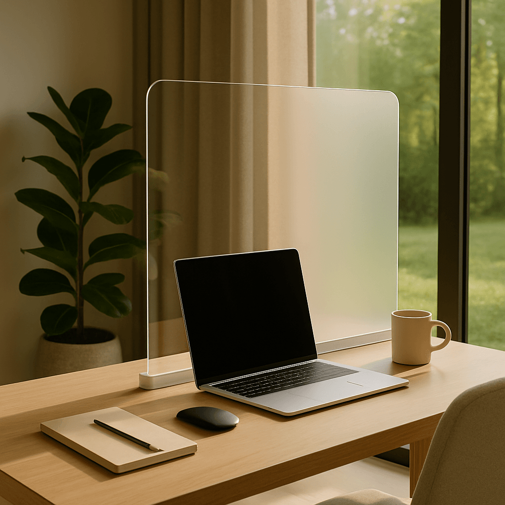 Transparent desk privacy screen softening light and distractions