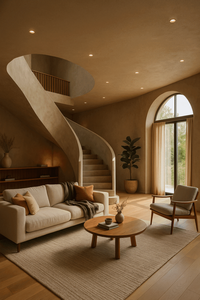 Curved duplex remodel with soft sculptural staircase and golden daylight