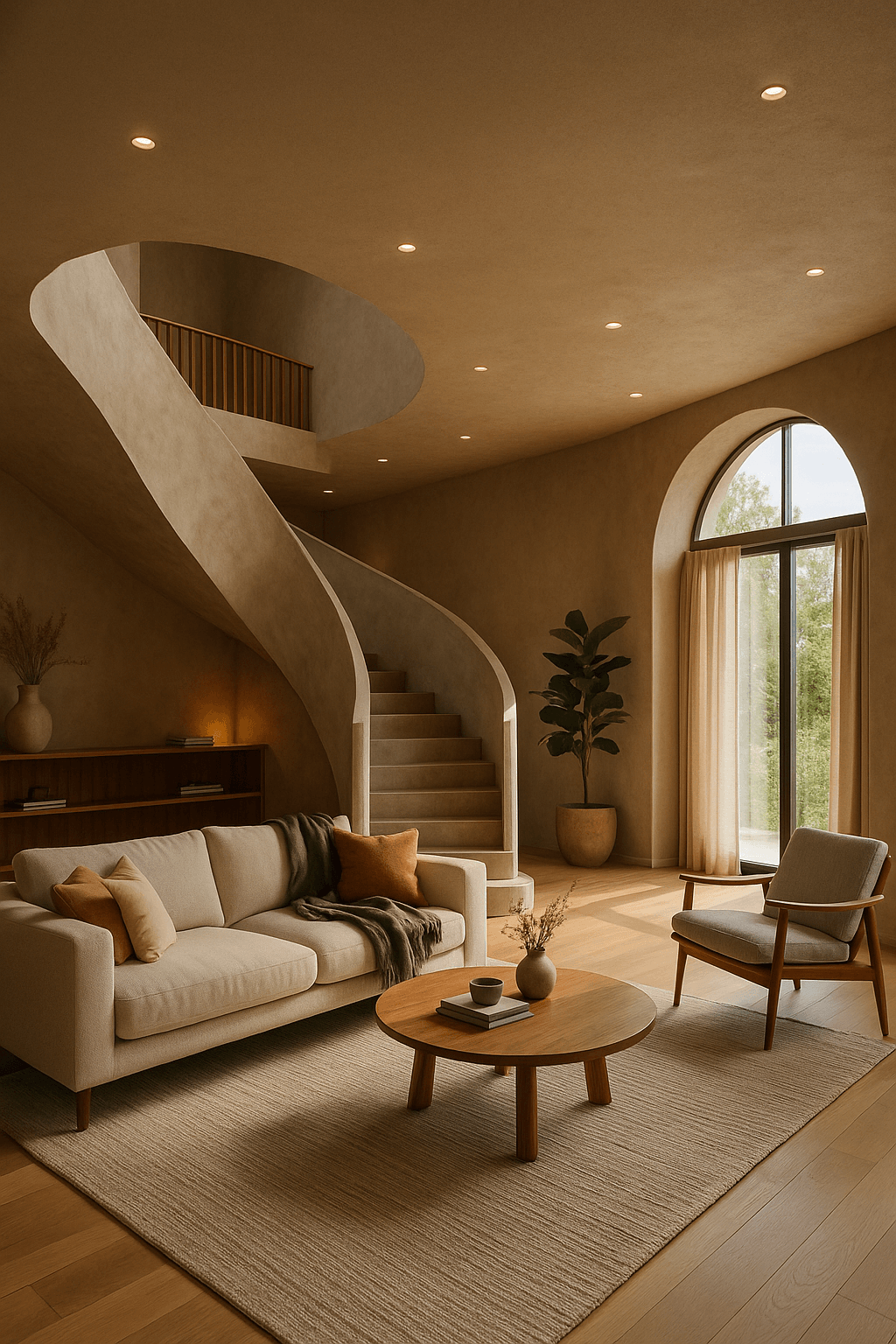 Curved duplex remodel with soft sculptural staircase and golden daylight