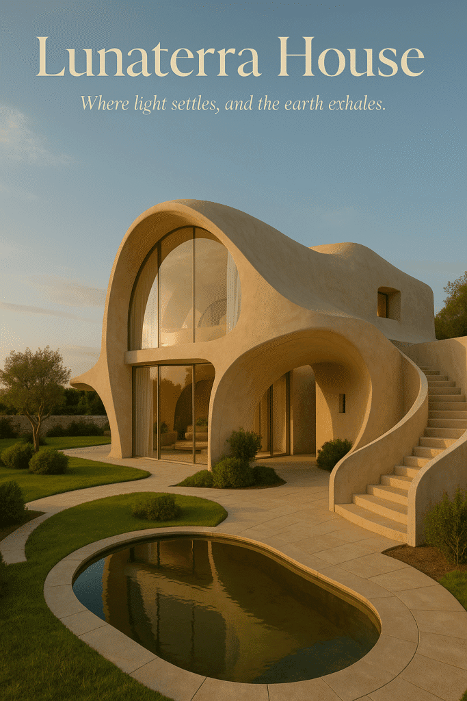 Elegant sculptural architecture house with curved forms, glass façade, and beige concrete under soft light