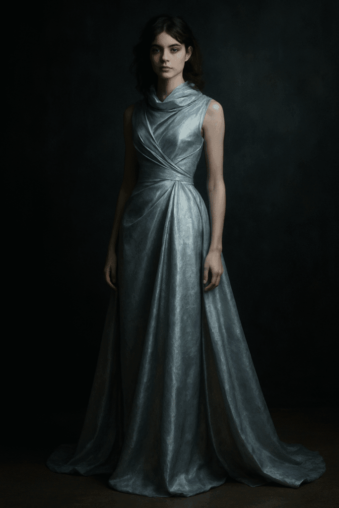 silver silk gown glowing softly in the light