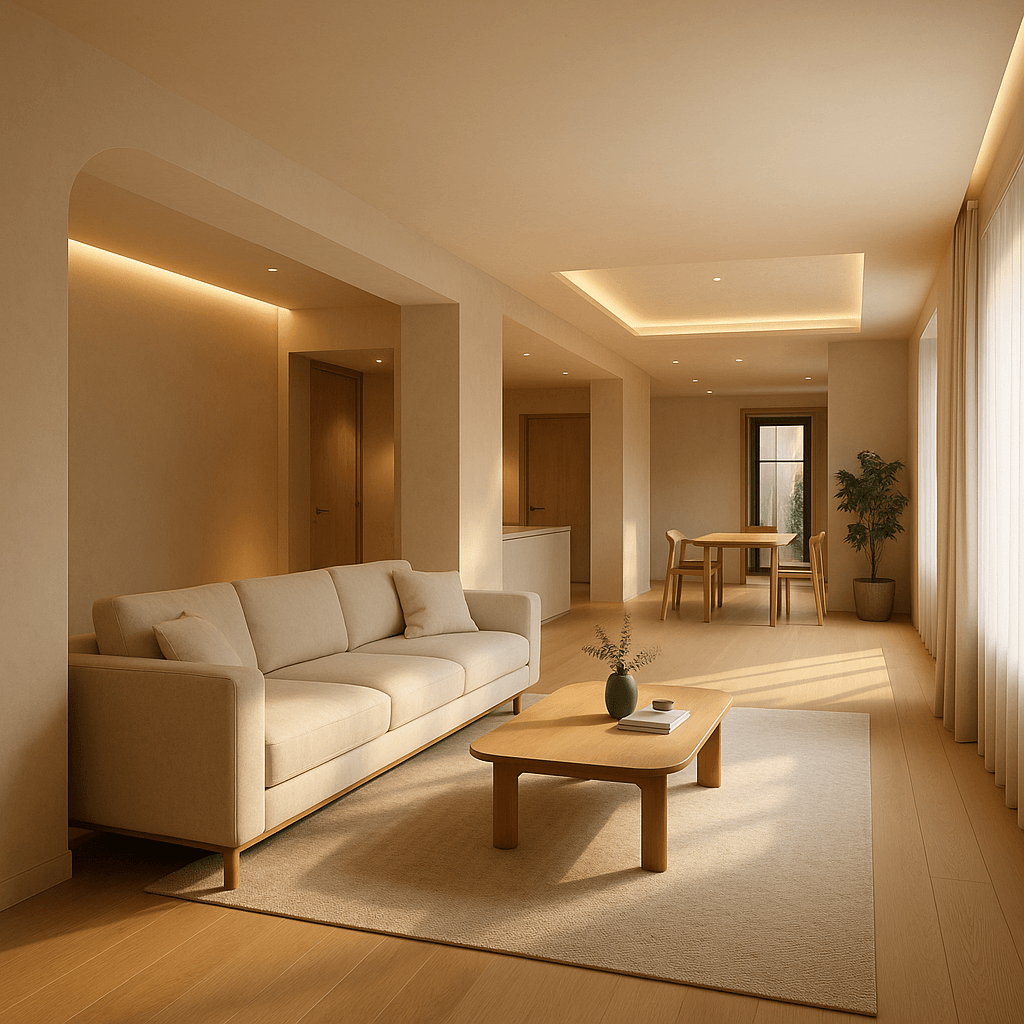 A remodeled apartment interior with layered lighting and oak flooring