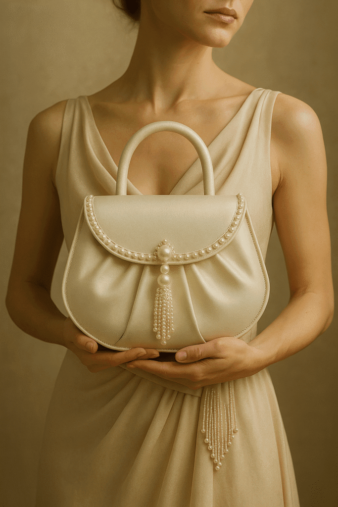 A pearl-infused silk bag held by a woman in an ivory dress, glowing softly under ambient light