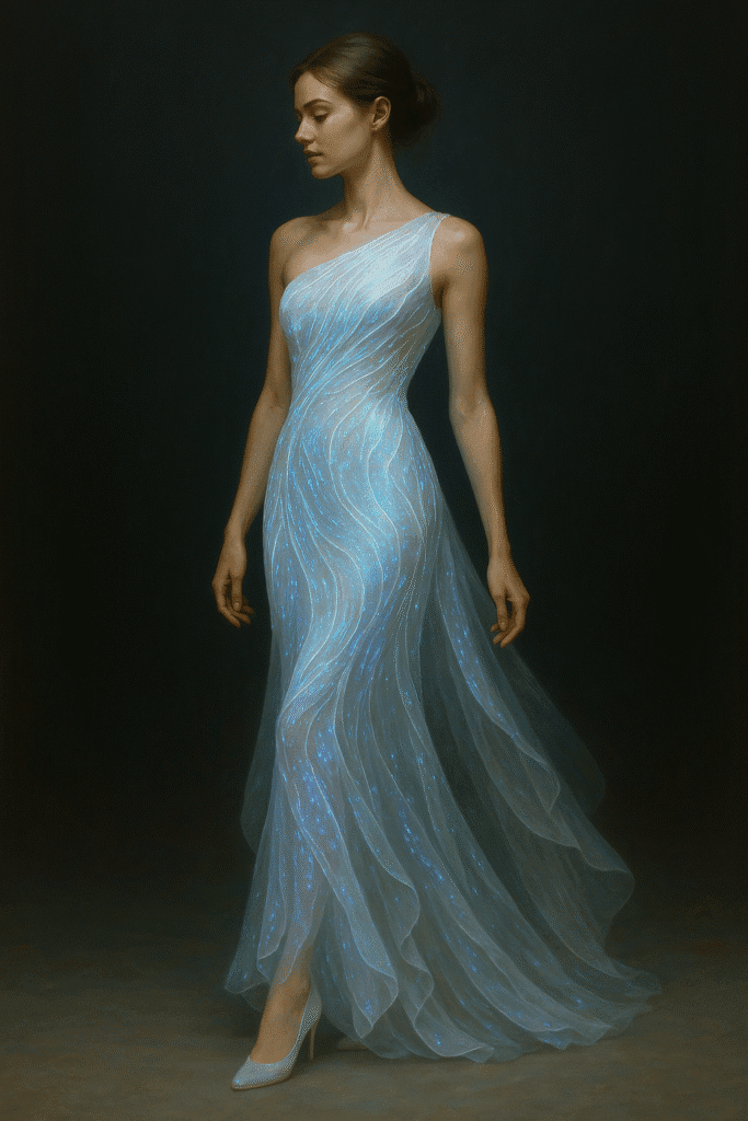 A woman in a one-shoulder bioluminescent gown glowing in blue light patterns