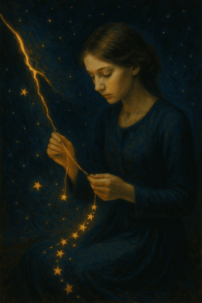 A surreal oil painting of a woman stitching the torn night sky with glowing starlight