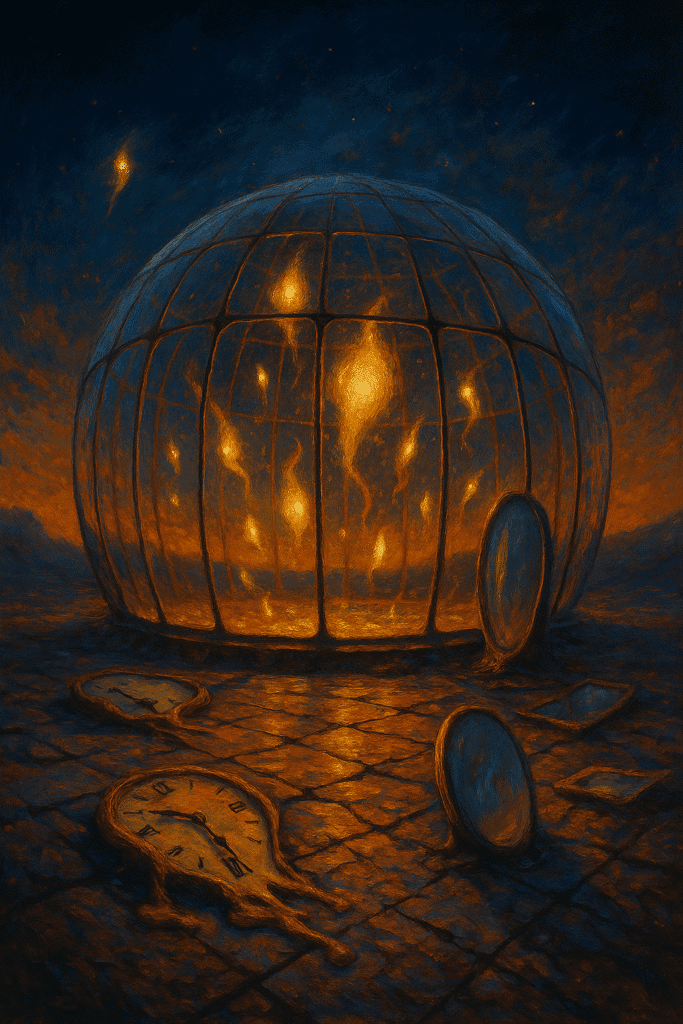 The Light Collector painting showing floating golden lights in a surreal glass dome