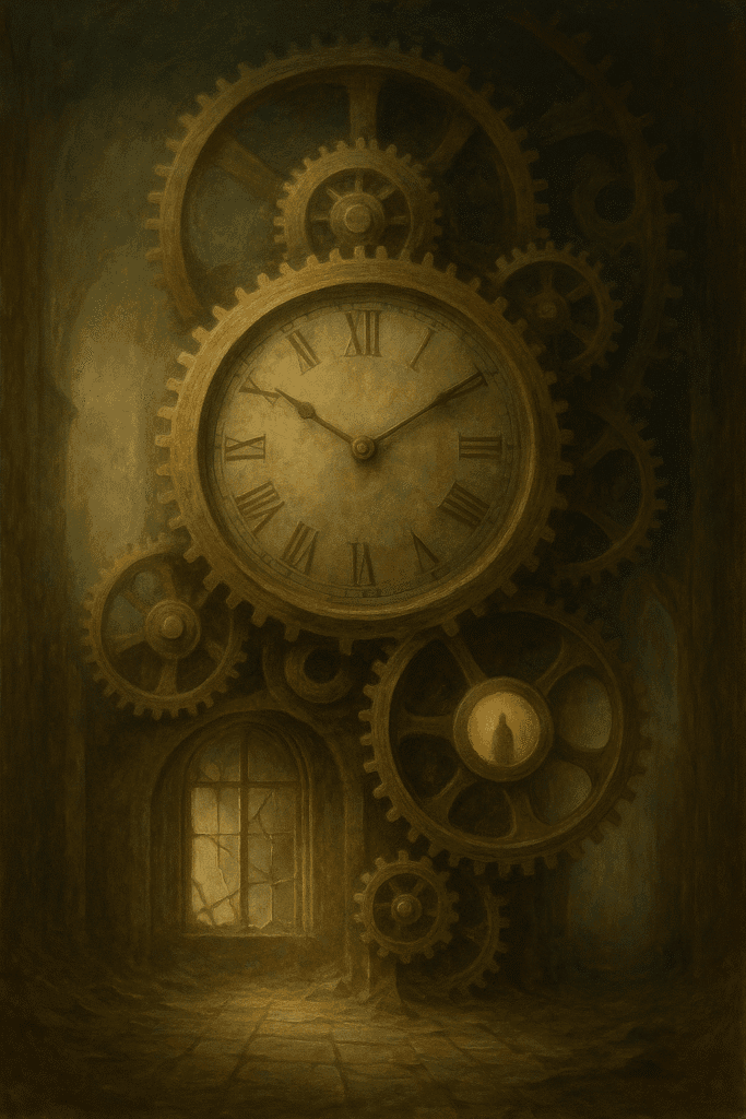 A surreal oil painting of time with a frozen Roman numeral clock and golden gears surrounding a lone figure